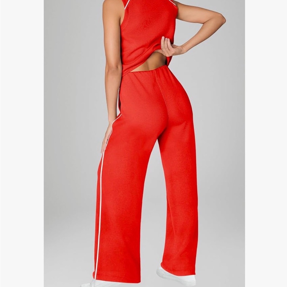 Red Wide-Leg Jumpsuit with Side Stripe